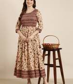 women's calf length round neck beige floral anarkali kurta