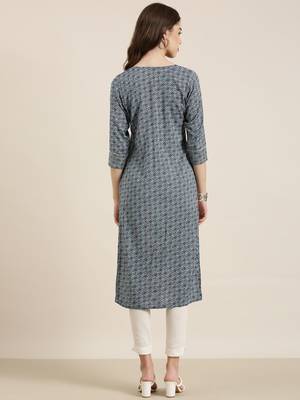 women's calf length round neck navy blue bandhani straight kurta 5