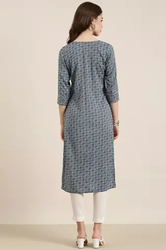 women's calf length round neck navy blue bandhani straight kurta