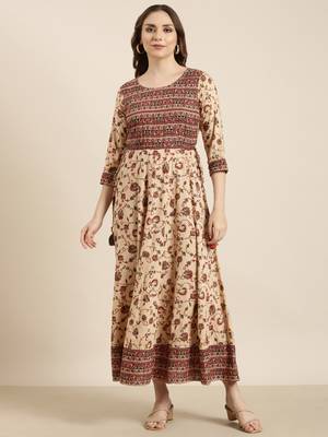 women's calf length round neck beige floral anarkali kurta 2