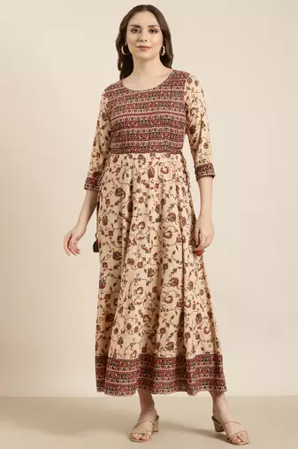 women's calf length round neck beige floral anarkali kurta