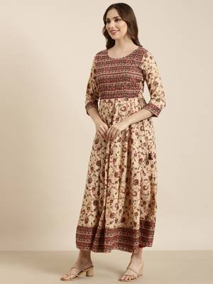 women's calf length round neck beige floral anarkali kurta 3
