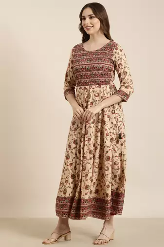 women's calf length round neck beige floral anarkali kurta