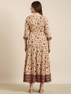 women's calf length round neck beige floral anarkali kurta 4