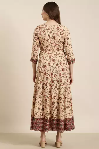 women's calf length round neck beige floral anarkali kurta