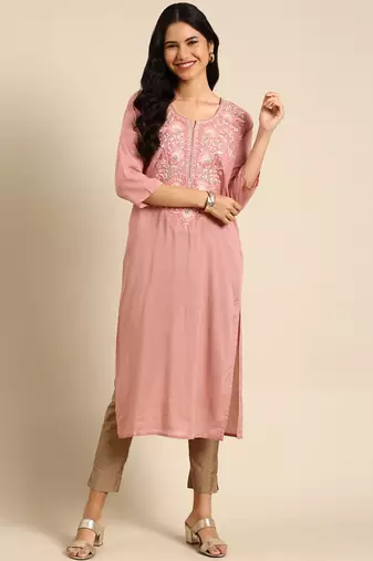 Showoff women's calf length round neck mauve solid straight kurta