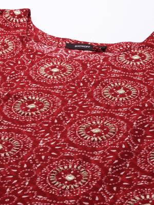 Showoff women's calf length round neck red ethnic motifs straight kurta 2