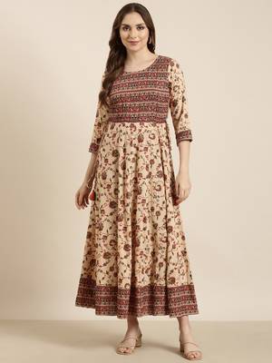 women's calf length round neck beige floral anarkali kurta 5