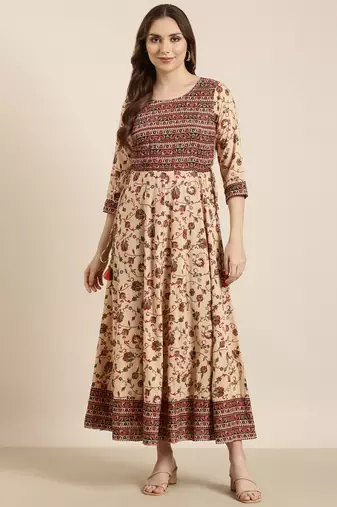 women's calf length round neck beige floral anarkali kurta