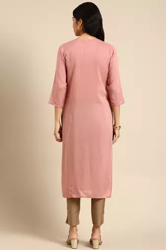 Showoff women's calf length round neck mauve solid straight kurta