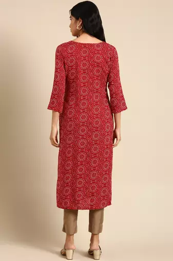 Showoff women's calf length round neck red ethnic motifs straight kurta
