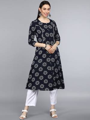 women navy blue cotton ethnic motifs printed a-line kurta 1