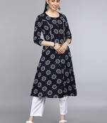 women navy blue cotton ethnic motifs printed a-line kurta