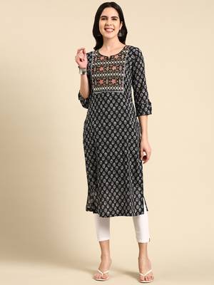 women's calf length scoop neck black ethnic motifs straight kurta 1