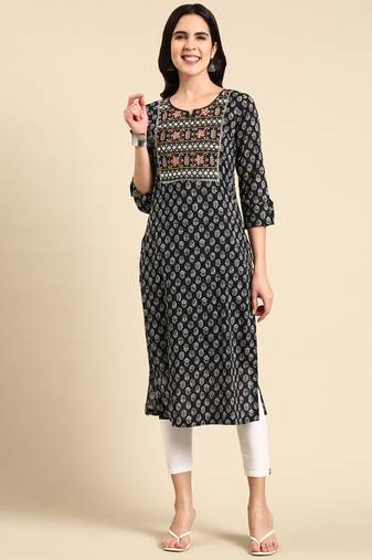 women's calf length scoop neck black ethnic motifs straight kurta