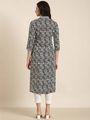women's calf length v-neck black geometric straight kurta 4