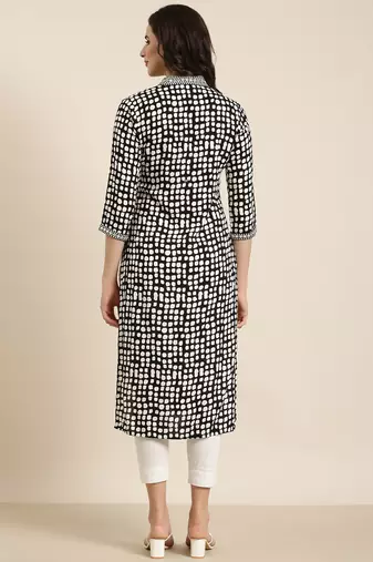 women's calf length v-neck black geometric straight kurta