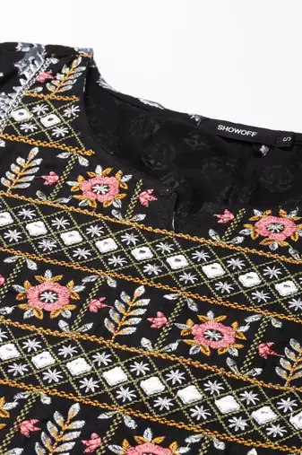 women's calf length scoop neck black ethnic motifs straight kurta