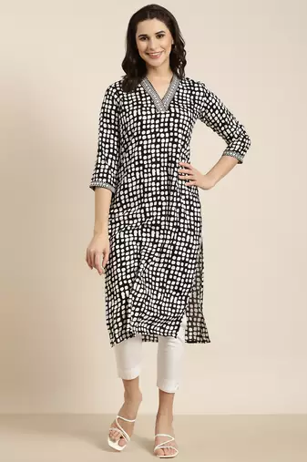 women's calf length v-neck black geometric straight kurta