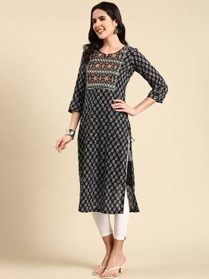 women's calf length scoop neck black ethnic motifs straight kurta 4