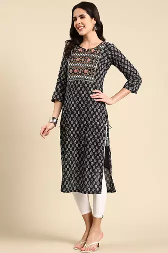 women's calf length scoop neck black ethnic motifs straight kurta
