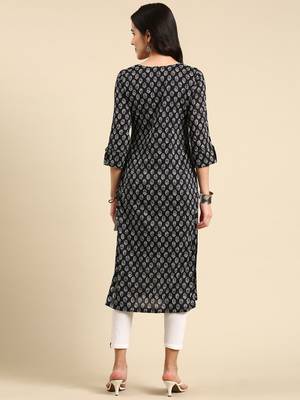 women's calf length scoop neck black ethnic motifs straight kurta 5