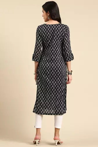 women's calf length scoop neck black ethnic motifs straight kurta