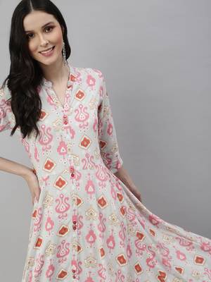 women's ankle length mandarin collar blue abstract anarkali kurta 2