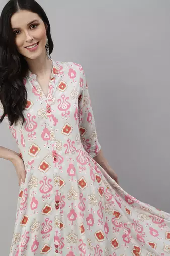 women's ankle length mandarin collar blue abstract anarkali kurta