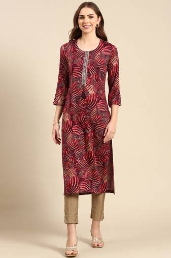 women's calf length scoop neck burgundy bandhani straight kurta