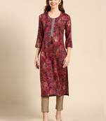 women's calf length scoop neck burgundy bandhani straight kurta