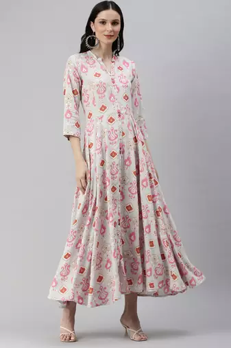 women's ankle length mandarin collar blue abstract anarkali kurta