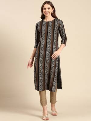 Showoff women's calf length round neck black paisley straight kurta 1