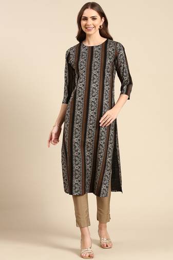Showoff women's calf length round neck black paisley straight kurta
