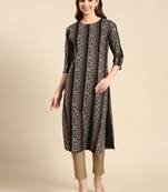 Showoff women's calf length round neck black paisley straight kurta