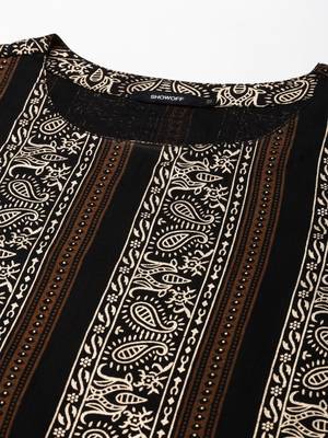 Showoff women's calf length round neck black paisley straight kurta 3