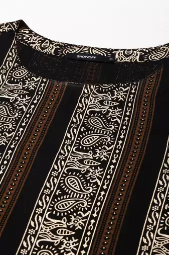 Showoff women's calf length round neck black paisley straight kurta