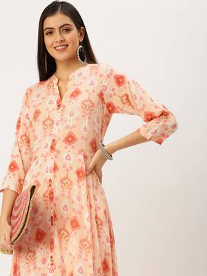 women's ankle length mandarin collar pink abstract anarkali kurta 2