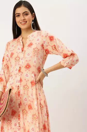 women's ankle length mandarin collar pink abstract anarkali kurta