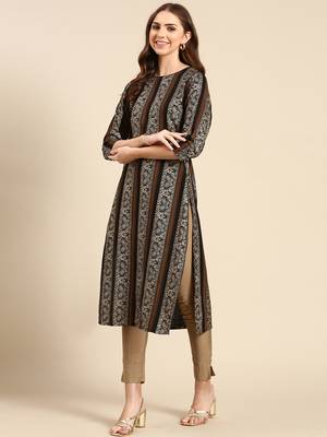 Showoff women's calf length round neck black paisley straight kurta 4
