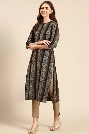 Showoff women's calf length round neck black paisley straight kurta