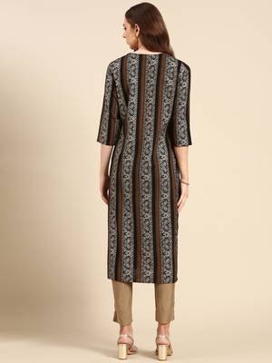 Showoff women's calf length round neck black paisley straight kurta 5