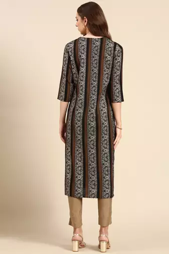 Showoff women's calf length round neck black paisley straight kurta
