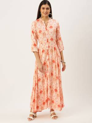 women's ankle length mandarin collar pink abstract anarkali kurta 3