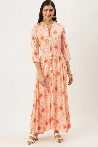 women's ankle length mandarin collar pink abstract anarkali kurta