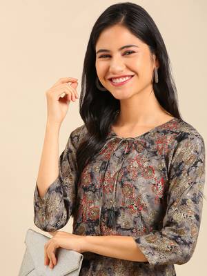 women's calf length keyhole neck grey floral straight kurta 2