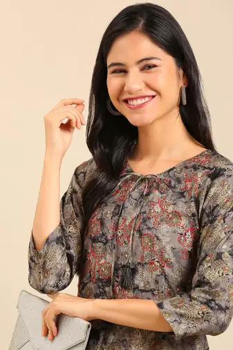women's calf length keyhole neck grey floral straight kurta