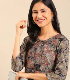 women's calf length keyhole neck grey floral straight kurta