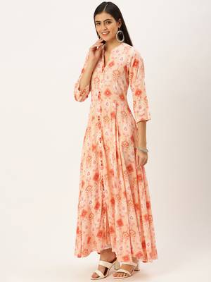 women's ankle length mandarin collar pink abstract anarkali kurta 4