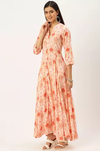 women's ankle length mandarin collar pink abstract anarkali kurta